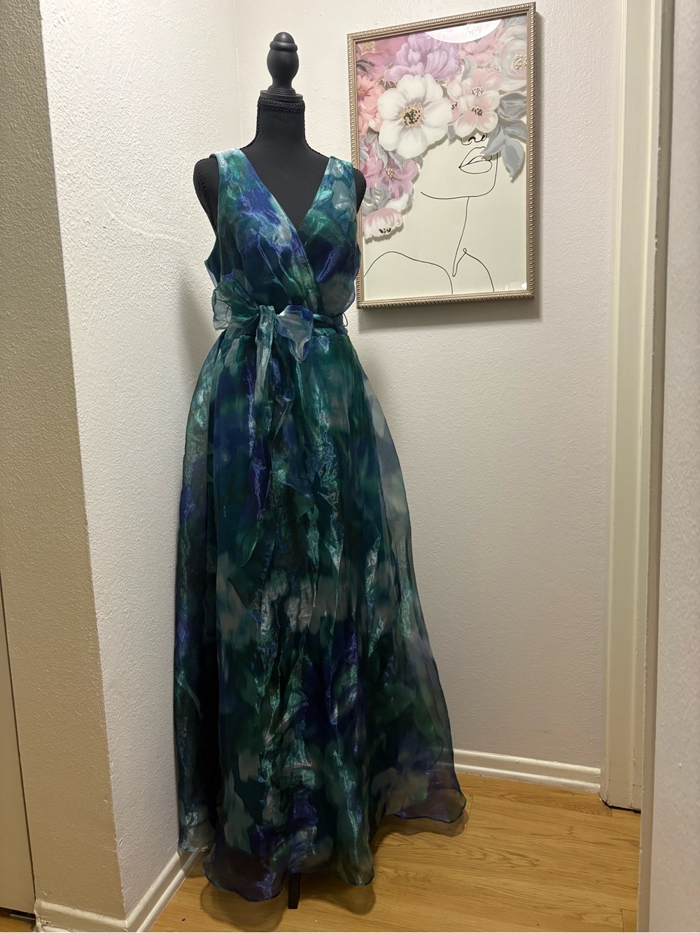 Anne Klein Blue & Green Watercolor V-Neck Maxi Dress with Tie Waist